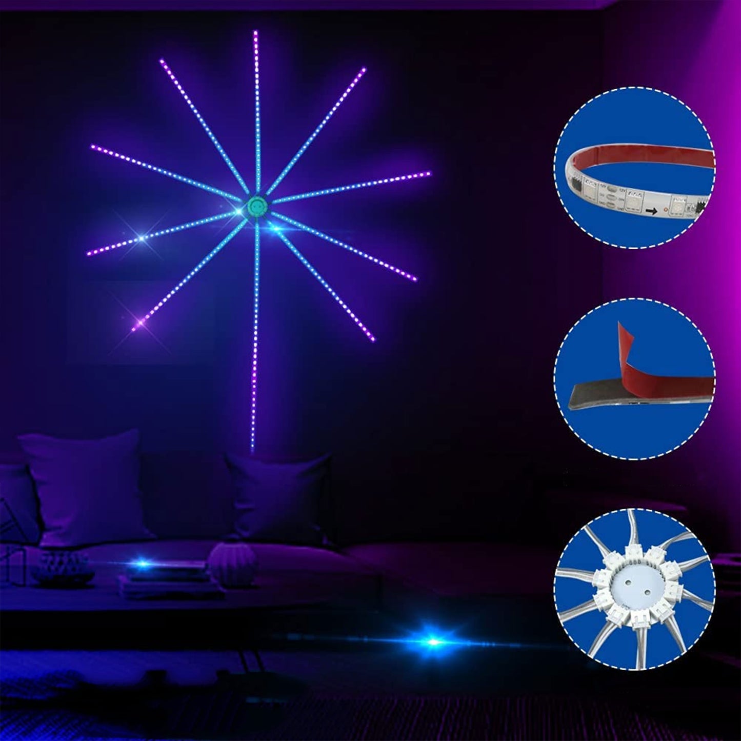 شريط الإضاءة الذكي – تأثير ألعاب نارية – تحكم عن بعد أو بالجوال – RGB ملون – إضاءة احتفالية قابلة للتخصيص